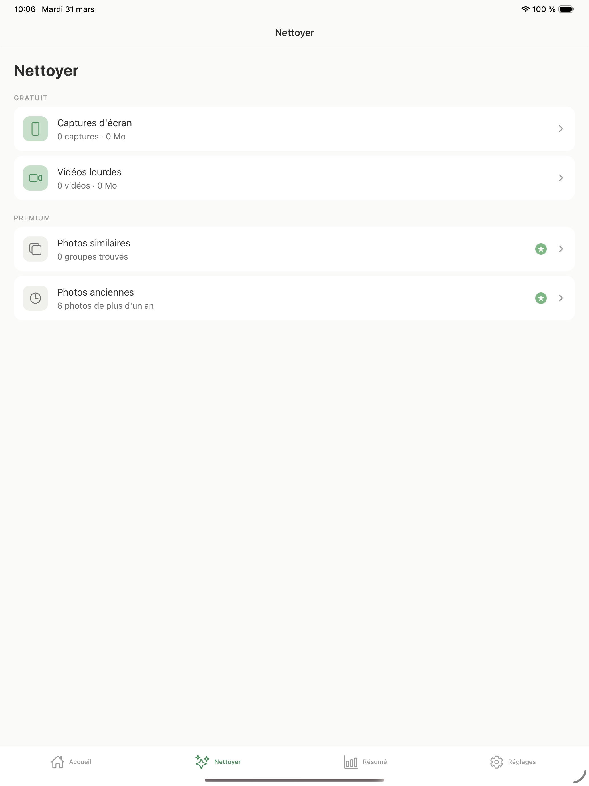 Ecran Nettoyer — categories de tri