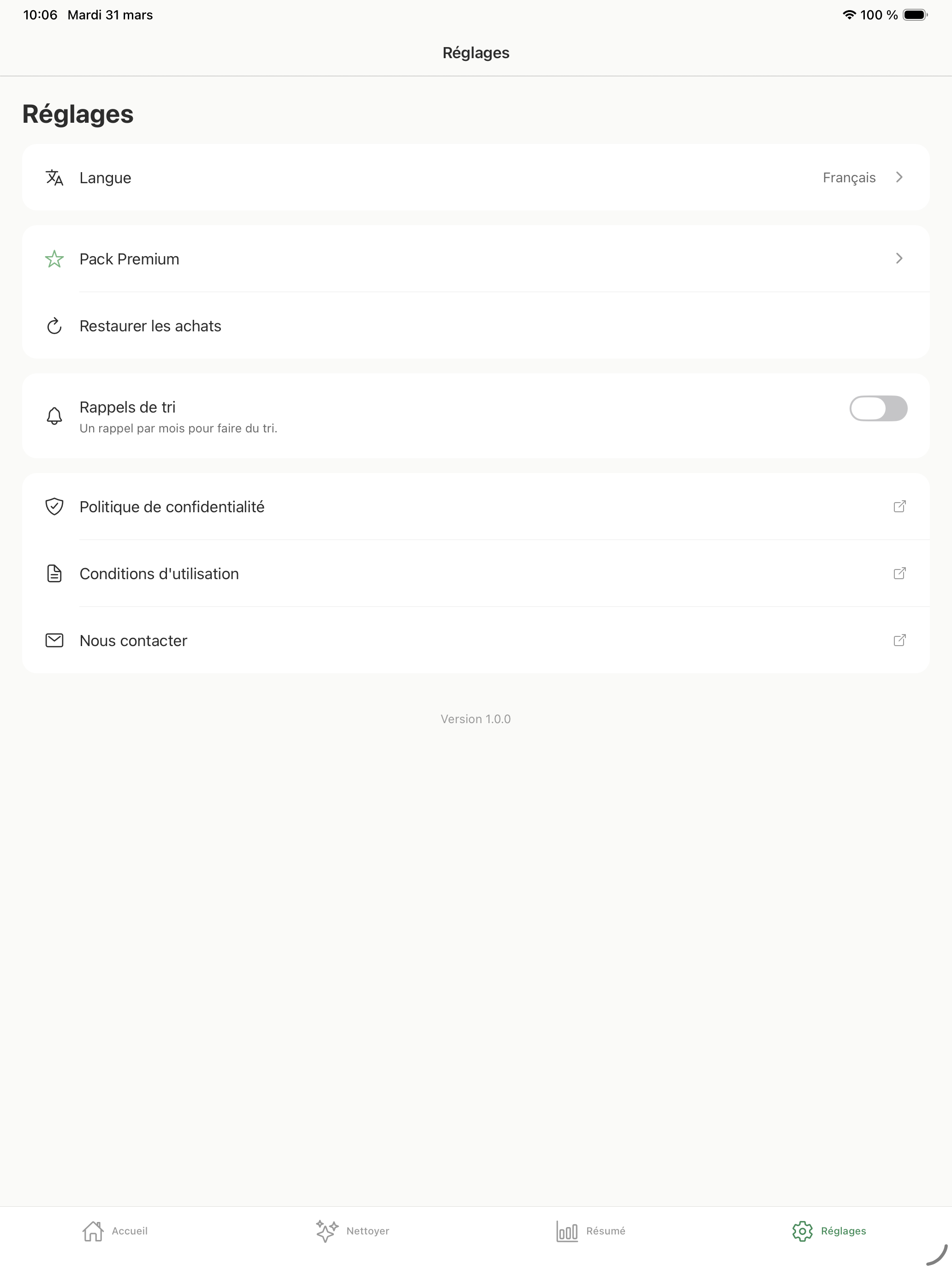 Ecran Reglages — langue, premium, confidentialite