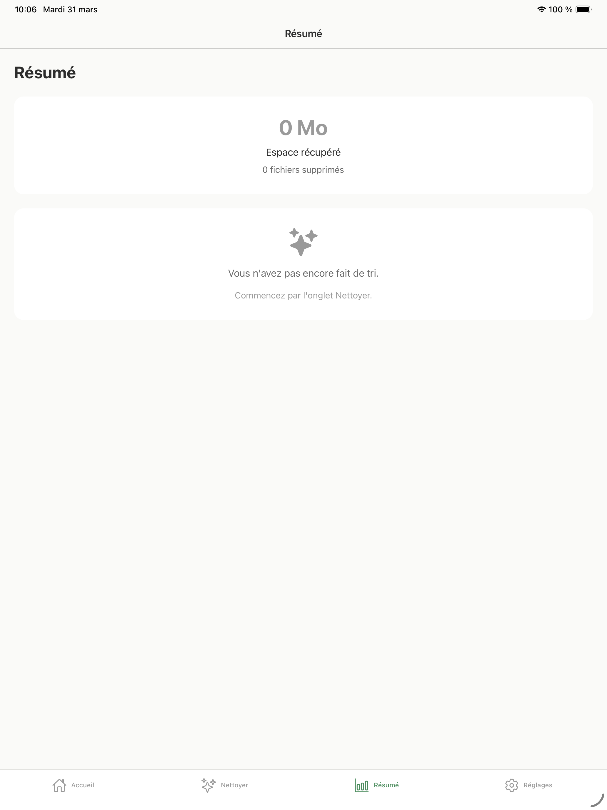 Ecran Resume — espace recupere